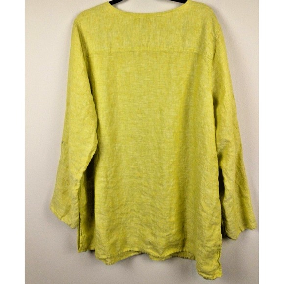 Tahari 100% Linen Button-Front Tunic Top Roll Sleeves Green Yellow Size 1X - Picture 5 of 7